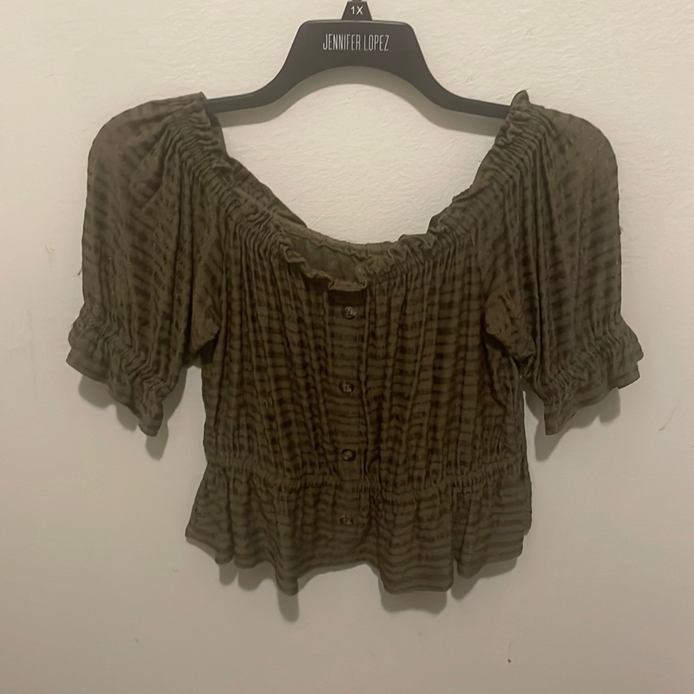 Army Green Slightly Ruffled Striped Blouse, Size M